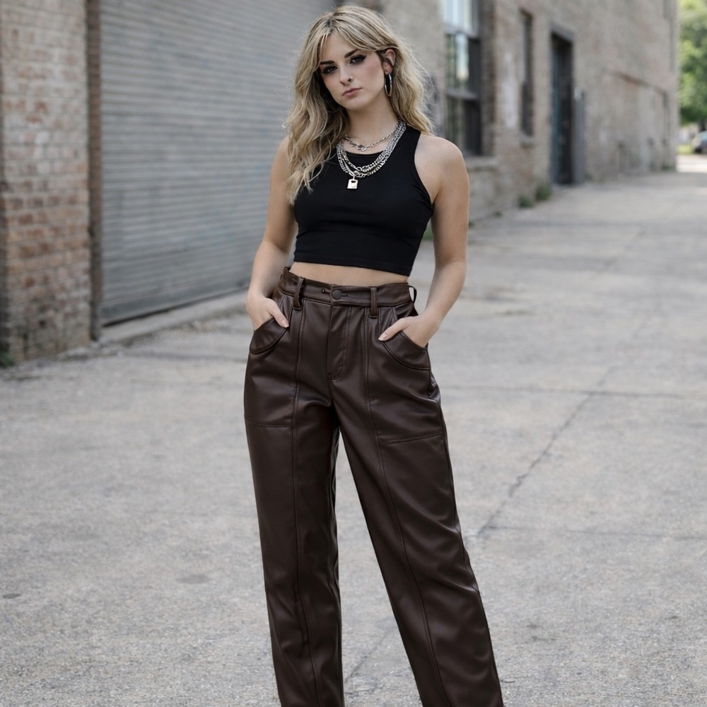 CURRENT AIR VEGAN  BURGUNDY BROWN FAUX LEATHER TROUSERS PANT SIZE XS